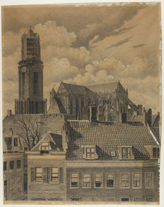 27525 Gezicht op de Domtoren en Domkerk te Utrecht vanuit het atelier van de kunstenaar (Kromme Nieuwegracht 90), met ...